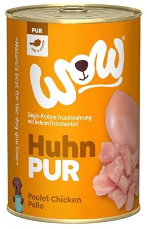 WOW PUR Protein Nassfutter mit Huhn 6X 400g | reichhaltiges Hundefutter für alle ausgewachsenen Hunderassen | Beste Qualität mit hohem Fleisch- & Innereienanteil I getreidefrei & hohe Verträglichkeit