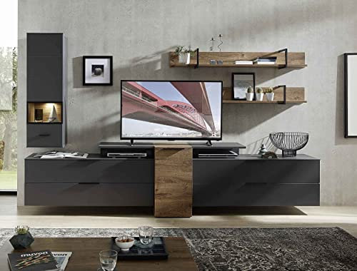 Wohnwand MEDIANA 2 in Graphit/Haveleiche Cognac Nb. Anbauwand Wohnzimmerschrank TV-Lowboard Fernsehschrank inkl. LED-Beleuchtung in verschiedenen Varianten (Wohnwand)