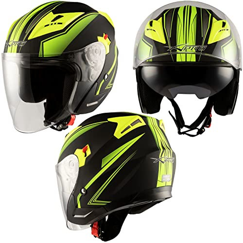A-Pro Jet Moto Casco Visiera Doppia Scooter Certificato ECE 22-06 Nero Opaco Fluo XL