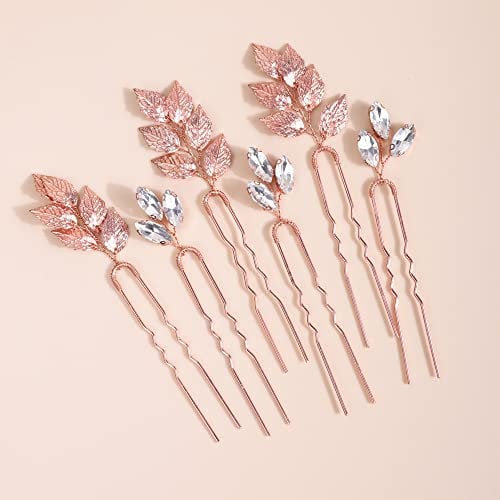 Kercisbeauty 6PCS Gold Leaf Hair Pins Set for Wedding Brides Bridesmaid Handmade Crystal Hair Piece for Women and Girls Bohemia Hair Accessories (Rose Gold)