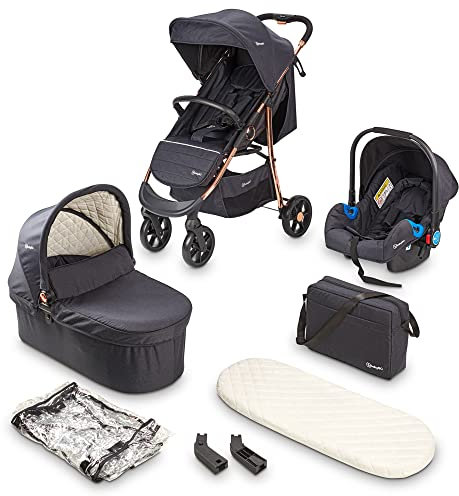BABYGO Kinderwagen 3 in 1 Styles - Sportaufsatz und Wanne jeweils separat und Auto-Babyschale - Wickeltasche/Regenschutz/Matratze - Schwarz/Rosegold