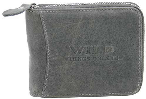 WILD THINGS ONLY !!! Herren Brieftasche mit Reißverschluss - Leder Geldbörse mit RFID-Schutz & Geschenk-Box (Querformat, Grau)