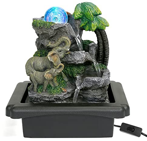 Dyna-Living Indoor Tabletop Fountain with LED Light Upgrade Switch Indoor Water Features Elephant Water Fountain for Home Decoration Meditation Relaxation
