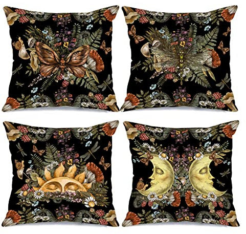 Tucocoo Vintage Cushion Covers Decorative 18x18 Inch Set of 4 Sun Moon with Forest Treasures Fern Mushrooms Flowers Botanical Pillow Covers for Couch Sofa Home Living Room