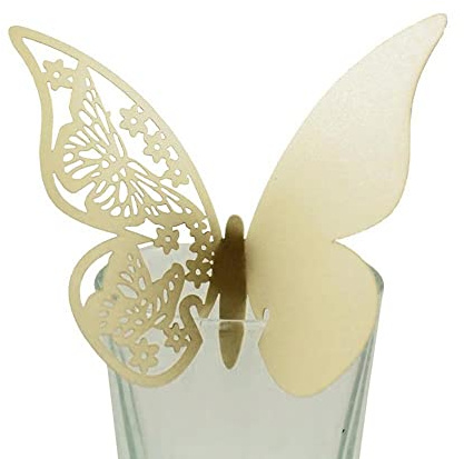 Wambere 100 Stück Schmetterling Trichterwinde Tischkarten Namenskarten Glasanhänger Wandsticker für Tischdeko Hochzeit Party Haus Deco,Schmetterling Tischkarten Laser Platzkarten Namenskarten,Beige