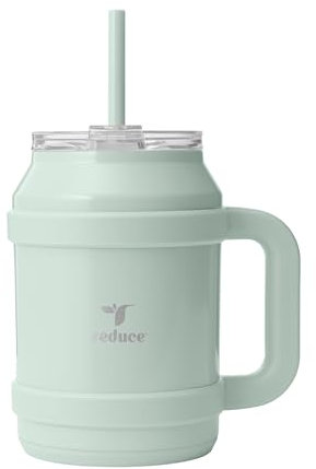 REDUCE Reusable 50 oz Cold1 Water Tumbler – Ergonomic Handle – Double-Wall Insulation – Sturdy Desktop/Tabletop Mug with Lid and Straw – BPA-Free – Stainless Steel for Gym, Home, or Office– Sea Glass