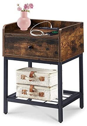 LEMROE Bedside Table with Power Sockets & USB Ports Wood Nightstand with Metal Frame End Table with Drawer and Storage Tray for Living Room Bedroom (oak-1PC)