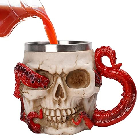 Moonyan Gothic Skull Kaffeebecher, Mittelalterlicher Oktopus-Schädel-Weinkelch Mit Tentakelgriff, Edelstahl Skeleton Trinkbecher Becher Zum Kaffee/Getränke/Saft 450 l