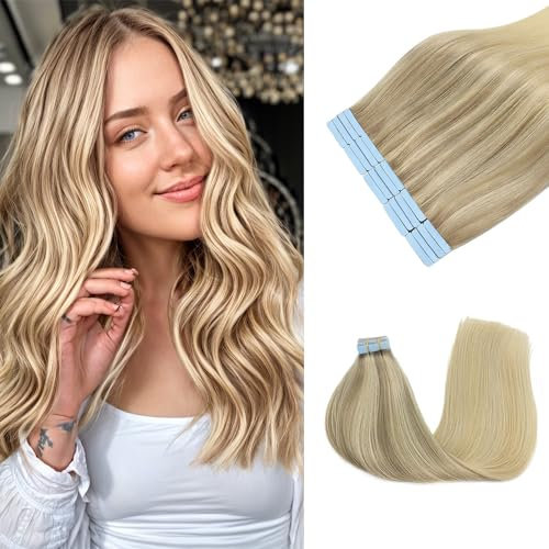 JESSBO Tape in Extensions Echthaar #P18/613 Aschblond mit Bleichblond 35cm 20 Stück Invisible Seidig Gerade Remy haar echthaar haarverlängerung echthaar invisible tape extensions (50g/Packung)