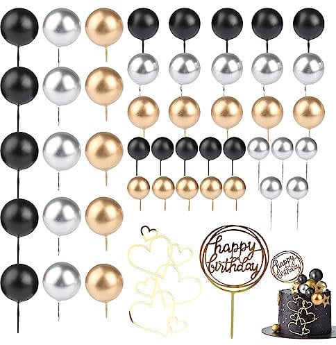 47 Stück Tortendeko Hochzeit Goldene Kugeln, Happy Birthday Tortendeko, Cupcake Topper Goldene Kugeln mit Herz Deko, DIY(Schwarzgold und Silber) Cake Topper für Geburtstag Hochzeit