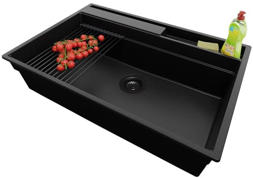 PRIMAGRAN Evier Cuisine en Granit Tout Noir 78x53cm, Lavabo 1 bac + Kit de Vidage + Accessoires, Évier à Encastrer al mueble 80cm - Oslo Pocket S251