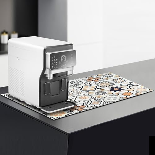 Geschirr Abtropfmatte, 60 x 40 cm Kaffeemaschine Unterlage, Boho Küche Arbeitsplatte Rutschfeste Matte, Schnell Trocknender Super Saugfähige Tischschutz für Küche/Spüle/Kaffeemaschine (Gelbes Druck)