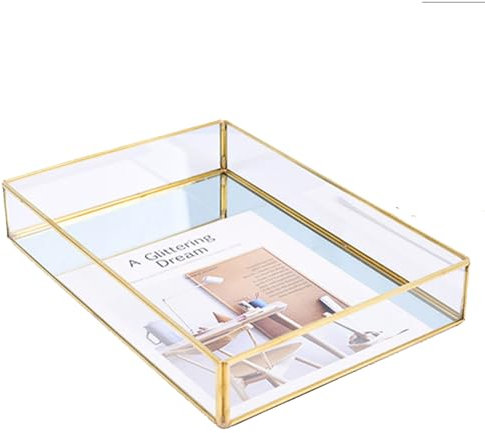 Soulnioi Mirror Tray Jewelry Vanity Tray Perfume Organizer, Makeup Storage, Jewelry Holder, Decorative Tray for Bathroom, Counter, Bathroom (Gold,25cm*18cm)