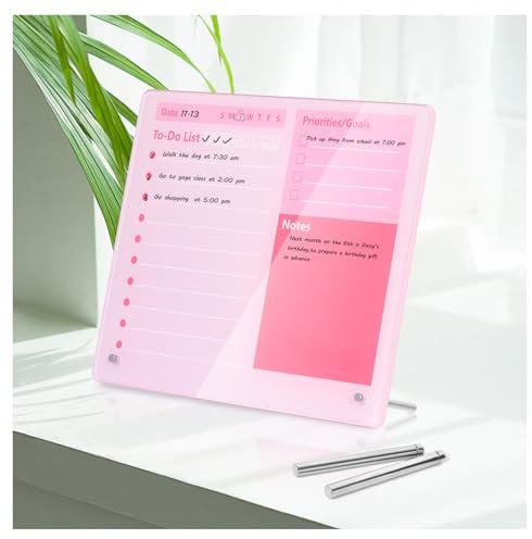 Verdickte Acryl-Whiteboard für To-Do-Liste, Planer, 30,5 x 25,4 cm, Tisch-Whiteboard mit Ständer, rahmenlos, rosa, trocken abwischbar, für Büro, Zuhause, Schule