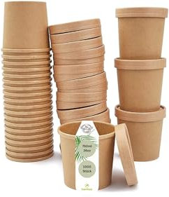 DeinPack 1000 vasos para sopa con tapa, color marrón, 750 ml, con revestimiento interior, 1000 vasos desechables orgánicos con tapa, vasos para helados con tapa, biodegradables