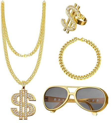NVTRSD Zuhälter Kostüm Set, Goldene Dollar Kette & Ring Brille Persönlichkeit Halloween Hip Hop Kostüm Kit, Herren 80er 90er für Faschingszubehör Mottopartys, Geburtstag Party Faschingskostüme