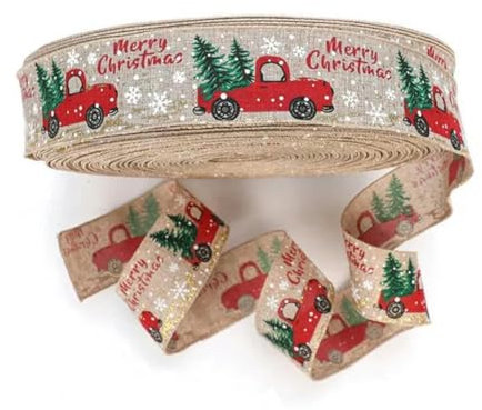 Rotes Weihnachtsband zum Einwickeln des Weihnachtsbaums, Kranz, Schleifen, DIY-Stoff, Wirbelband, Sackleinenband mit Drahtkante, Geschenk, Braun, 2 m x 5 cm