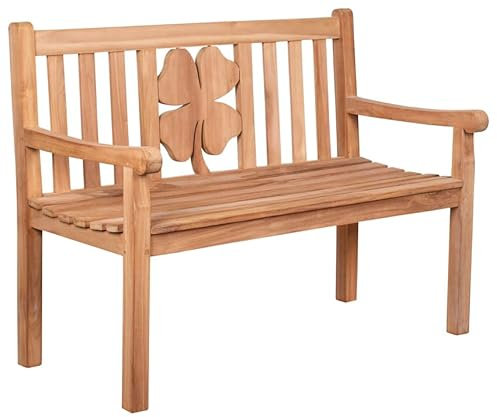 MR. DEKO® Gartenbank Motiv Teakholz | Holzbank mit Lehne | Friesenbank für draußen | 2-Sitzer 120x60x94 cm | Sitzbank Teak massiv & wetterfest Garten Balkon Terrasse | Parkbank zum Relaxen (Kleeblatt)