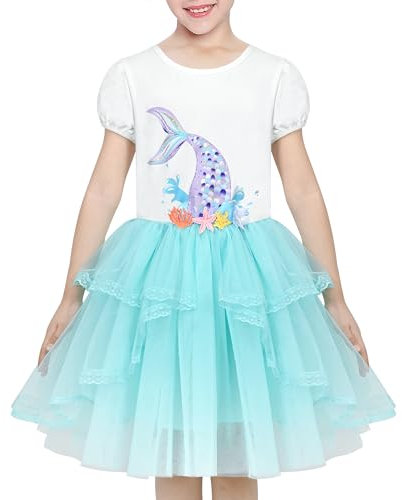 Sunny Fashion Mädchen Kleid Blau Meerjungfrau Prinzessin Stickerei Pailletten Tüll Kurzarm Gr. 116,Blaue Meerjungfrau,116