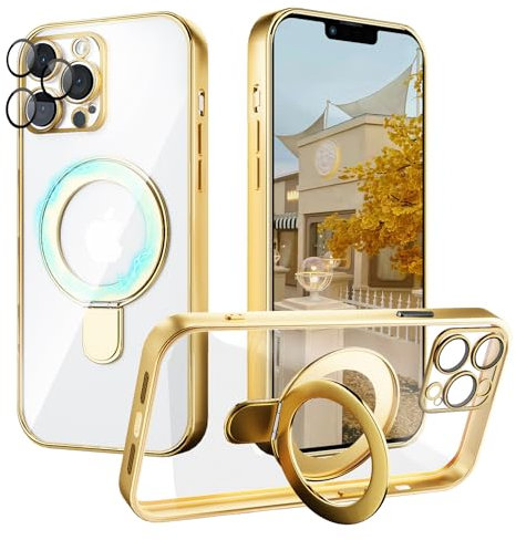 YUANDMI iPhone 12 Pro Max Hülle mit MagSafe, Hanyhülle iPhone 12 Pro Max Magnetisch mit Ständer Galvanisierte Leicht Dünn, Anti-Gelb Kratzfest Schutz Stoßfest Hülle iPhone 12 Pro Max Transparent Gold