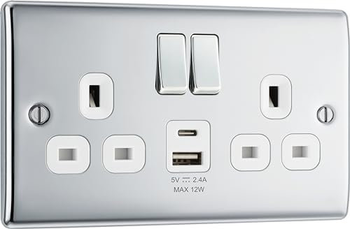 BG Electrical Double Switched Power Wall Plug Socket with Type A and Type C USB Charging Ports, Nexus Metal, Polished Chrome, 13A, 12W, NPC22UAC12W