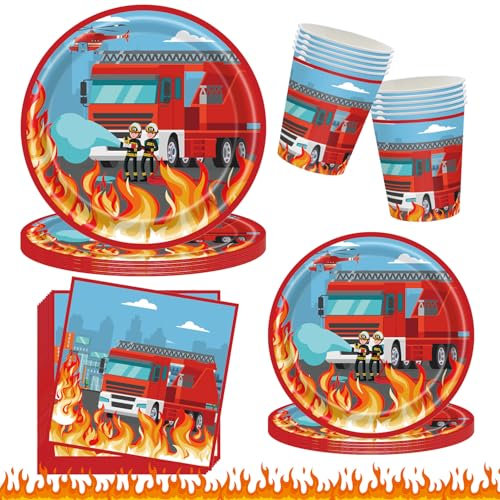 50 Pièces Set de Vaisselle Pompier,Camion Pompiers Ensemble Vaisselle Fête,Assiette en Carton Pompier Enfants Party,Ensemble Vaisselle Pompier,Décoration Anniversaire Pompier,pour Décoration Fête