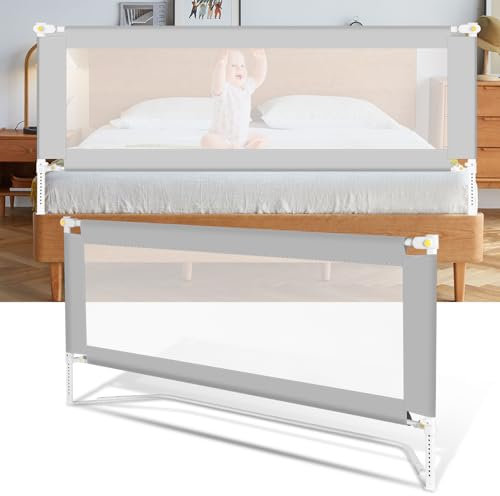 Ansobea Barrera de cama de 150 cm, protección para cama infantil con patas en forma de U, plegable, protección contra caídas, altura ajustable, 68 – 95 cm, fácil de montar, color gris