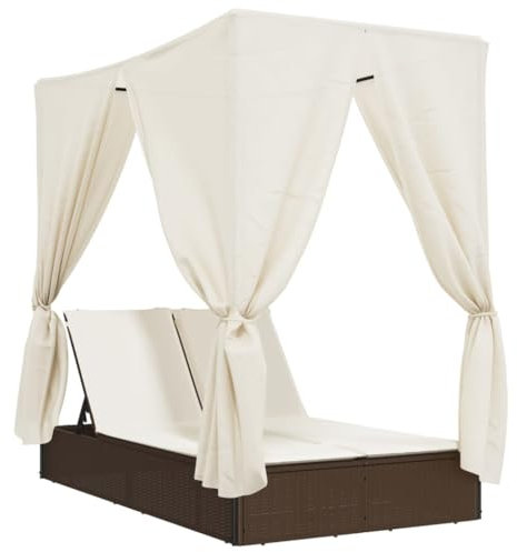 vidaXL Sonnenliege, Doppelliege mit Dach Vorhängen, Gartenliege Verstellbare Rückenlehne, Relaxliege Liege Gartenmöbel, Braun Poly Rattan