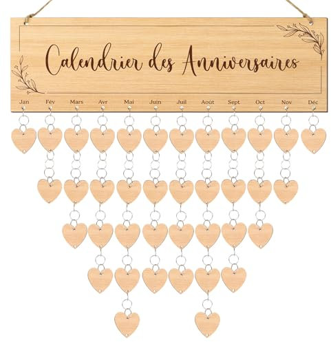 COLOFALLA Geburtstagskalender Holz auf Französisch mit 60 Holz Scheiben zum Selbstbeschriften Wandkalender Jahresunabhängiger Familienkalender Geburtstagserinnerung Kalender Jubiläumsgeschenk