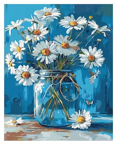 Miquans Art Peinture Par Numéros Pour Adulte, DIY Peinture Acrylique Pour Adultes Enfants Débutants Facile sur Toile (40×50 cm) Vase avec Peintures et Pinceaux Marguerite