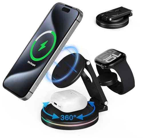 BingoHive Cargador Inalámbrico 3en1 Rotación 360° para iPhone Apple Watch AirPods estacion de Carga Apple Plegables Base Cargador iPhone 12-16 y Apple Watch 10 - Aleación de Zinc 10W Carga Rápida