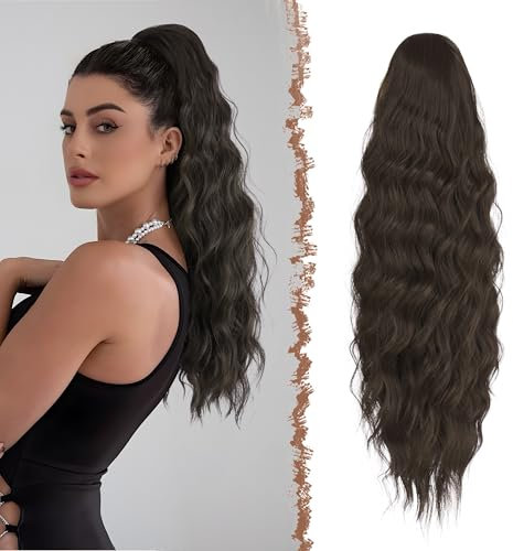 FESHFEN Lange Pferdeschwanz Haarteil Extensions Schwarz Braun, Lockig Wellig Haarextension Zopf mit Kamm Synthetik Haarverlängerung Ponytail für Frauen, 60 cm