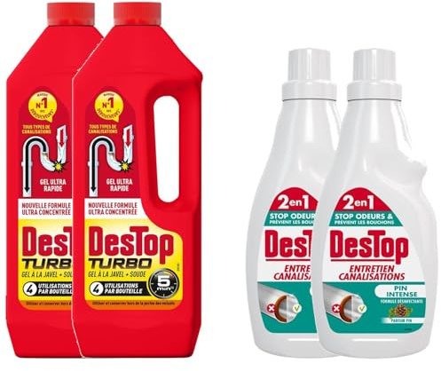 DESTOP Pack Gel Déboucheur Turbo Javel 2 x 1L + Gel Entretien Canalisations Pin intense 2 x 750ml