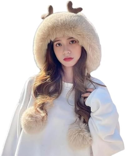 Women's Faux Fur Hat with Ear Flaps Warm Knitted Furry Hat with Cute Antlers Winter Russian Hat Pompom Beanie Hats (Beige,One Size)