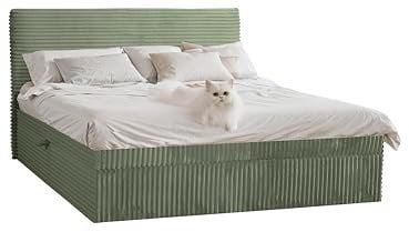 Kaiser Möbel - Bett 180x200 cm, Boxspringbett mit Bettkasten und Topper, Cord Schlafzimmerbett, Doppelbett mit Stauraum und Gepolstertes Kopfteil, Toppermatratze aus Viscoschaum - Trento - Olive
