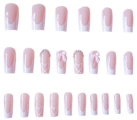 COYUN 24 pezzi Unghie Finte di Design Francese, Unghie Finte Effetto Gel, in Acrilico, con Fiocco, Quadrate, con Brillantini e con Disegno di un Cuore per Unghie in Gel, Unghie Finte Unghie Acriliche