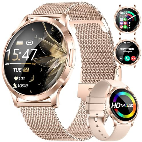 LIGE Smartwatch Damen mit Telefonfunktion-2 Armbands, 1.32 Amoled Fitnessuhr mit Herzfrequenz Schlafmonitor/Menstruationszyklus, 110+Sportmodi & IP68 Wasserdicht für Android iOS,Roségold
