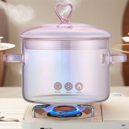 QSLKI 1.5L Pentola Di Cottura In Vetro, Pentola In Vetro Trasparente Resistente Al Calore Piano Cottura Pentola, Pentola In Borosilicato Con Doppia Maniglia Del Coperchi Per Pasta, Pasta (Amore)