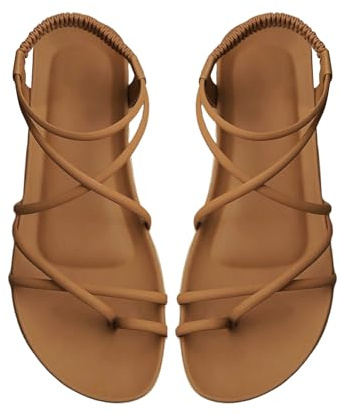 GORGLITTER Women's Strappy Flat Sandals Dressy Open Toe Ankle Strap Summer Beach Thong Slides Vacation Shoes Brown 8