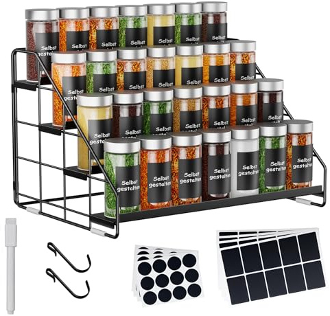 AHOMSEL 4-Tier Spice Rack Organiser - Height Adjustable Cupboard Organiser with S-hooks & labels - Spice Rack for Inside Cupboard, Kitchen, Pantry, Bathroom (Black)