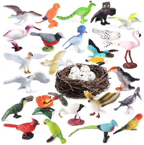 kukifun 30-teiliges Vogelset, realistische Vogel-Figuren,Papagei, Eule, Adler, Kolibri, Flamingo, mit Nest & Eiern für Kinder, Bildung, Geburtstag, Deko & Schulprojekte