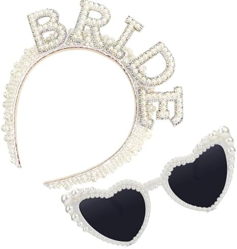 Amazleer Bride to Be, Braut Accessoires Set, Haarreif mit Perlen, Herz Sonnenbrille, Junggesellinnenabschied Deko Accessoires Braut Bachelorette Party Deko