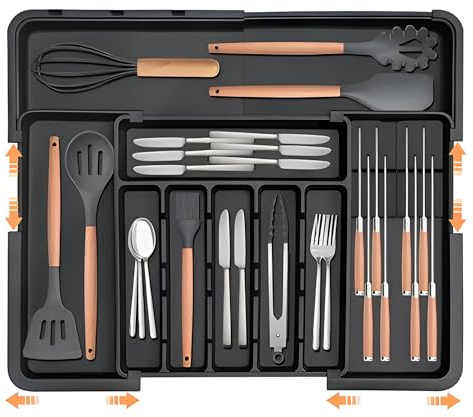 Adjustable Kitchen Drawer Organiser with two Knife Holding Blocks, Silverware Organiser, Expandable kitchen cutlery drawer organiser, 9 Compartments, Utensil Organiser, Spoons Forks Knives, Black