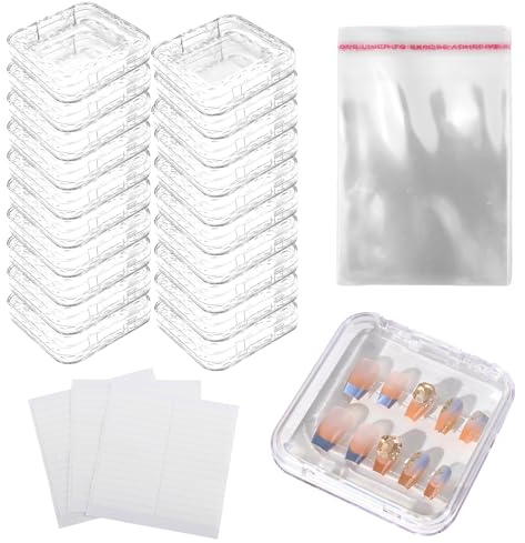 SJUNJIE 140pcs Press On Nail Storage Boxes Set, 20pcs Nail Storage Box | With 90pcs Adhesive Double Sided Tape and 20 pcs Self-Adhesive Bags for Fake Nails Manicure Storage Show Storage Box