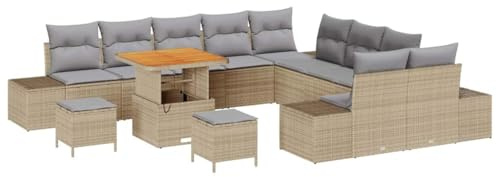 Foknhdi Gartensofa Set 13-TLG 349x289x85 cm Beige Poly-Rattan wetterfest modular Sitzgruppe für 12 Personen höhenverstellbarer Tisch für Terrasse Garten
