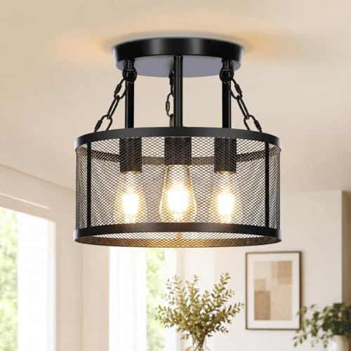 IRONDELIC Deckenleuchte Schwarz LED Deckenlampe Vintage inkl 3 LED Dreiflammig, Offenes Mesh Design, Industrie Kronleuchter Modern für Wohnzimmer Schlafzimmer Flur Esszimmer Küche Ø32cm