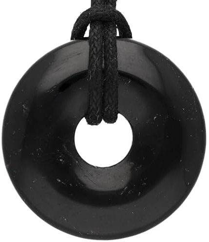 Lebensquelle Plus Schörl/Schwarzer Turmalin Donut Ø 30 mm + Baumwollband | Edelstein Anhänger | Echte Heilsteinkette inkl. Band
