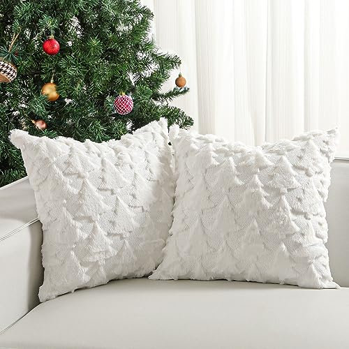 Lewondr Weihnachten Kissenbezug 18x18, Satz von 2 Kunstpelz Kissenbezüge Samt Weihnachtsbaum Stickerei Dekorative Kissenbezug für Wohnzimmer Bett Couch Sofa Auto Home Decor, Weiß