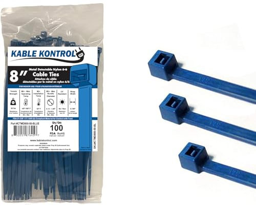 Kable Kontrol Metal Detectable Blue Cable Ties, 200 mm x 4.8 mm, Pack of 100, 8 Iron Infused Nylon Zip Ties, Multi-Purpose Tie Wraps, Secure Self-Locking Mechanism, for Home, Garden, Office and DIY