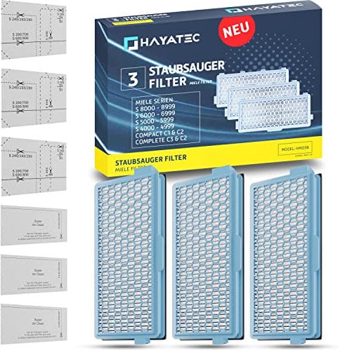 HAYATEC 3x HEPA Filter geeignet für Miele S8340, Miele C3 Filter, Miele HEPA Airclean 50 - kompatibel mit Compact C1 C2, Complete C2 C3, S8360, S4000, S5000, S6000, S8000 gegen Feinstaub und Gerüche
